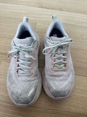 Hoka Women's Bondi 8 Light Pink and Light Gray Athletic Shoes